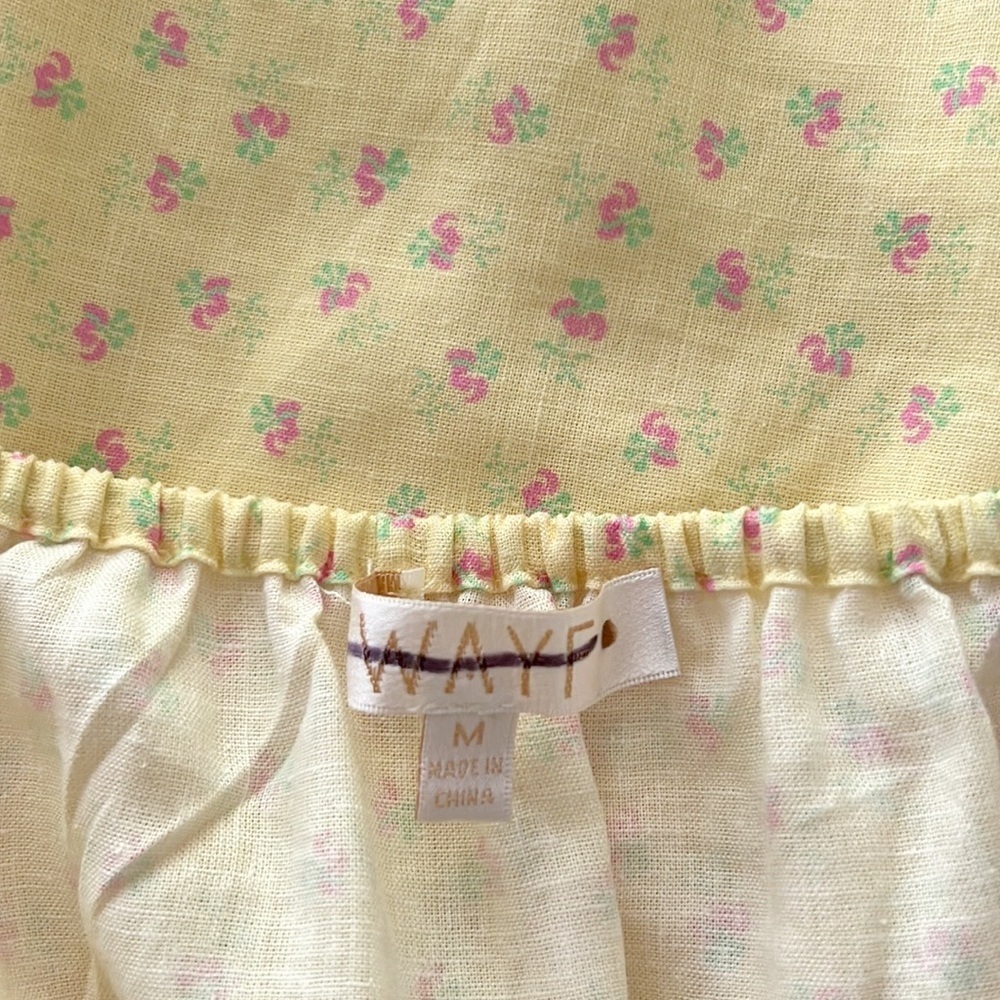 WAYF Sinclair Ditsy Floral Yellow Off The Shoulder Linen Mini Dress Tie Front - Picture 14 of 16